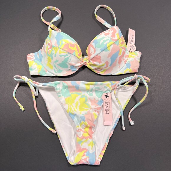 Victoria Secret 34A S Twist Front Push Up Bikini Top Bottom Set Blue Pink Pastel - Picture 1 of 8